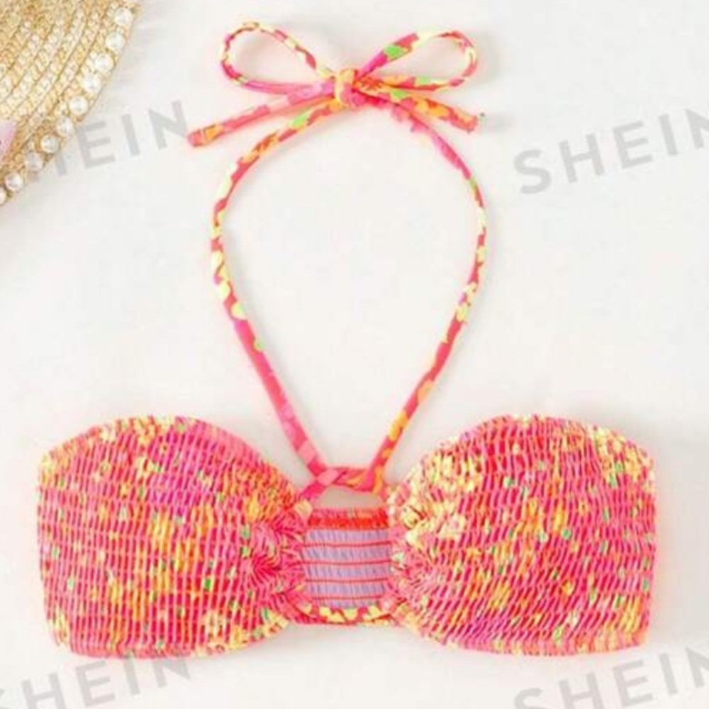 SHEIN floral swimsuit bikini 2-piece orange yellow neon swimwear bandeau top XS - Picture 2 of 10